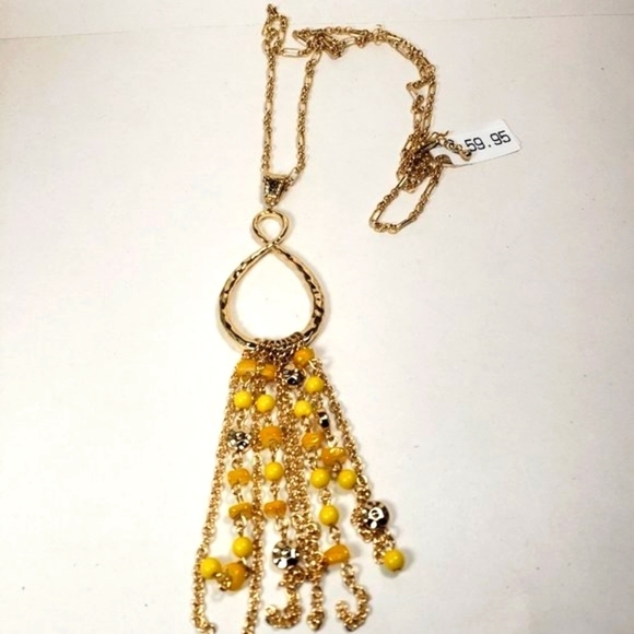 Gold Teardrop Infinity Tassel Necklace — Multi‑Strand Yellow Bead Accent Pendant - Picture 3 of 11